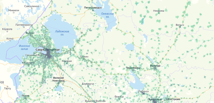 Зона покрытия МТС на карте Архангельск 